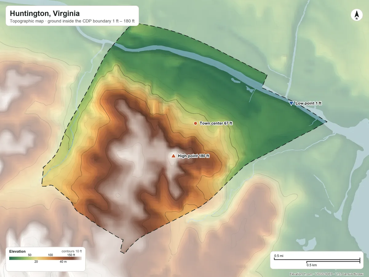 Topographic elevation map of Huntington, Virginia, shaded from 1 ft on the east side to 180 ft on the southwest side