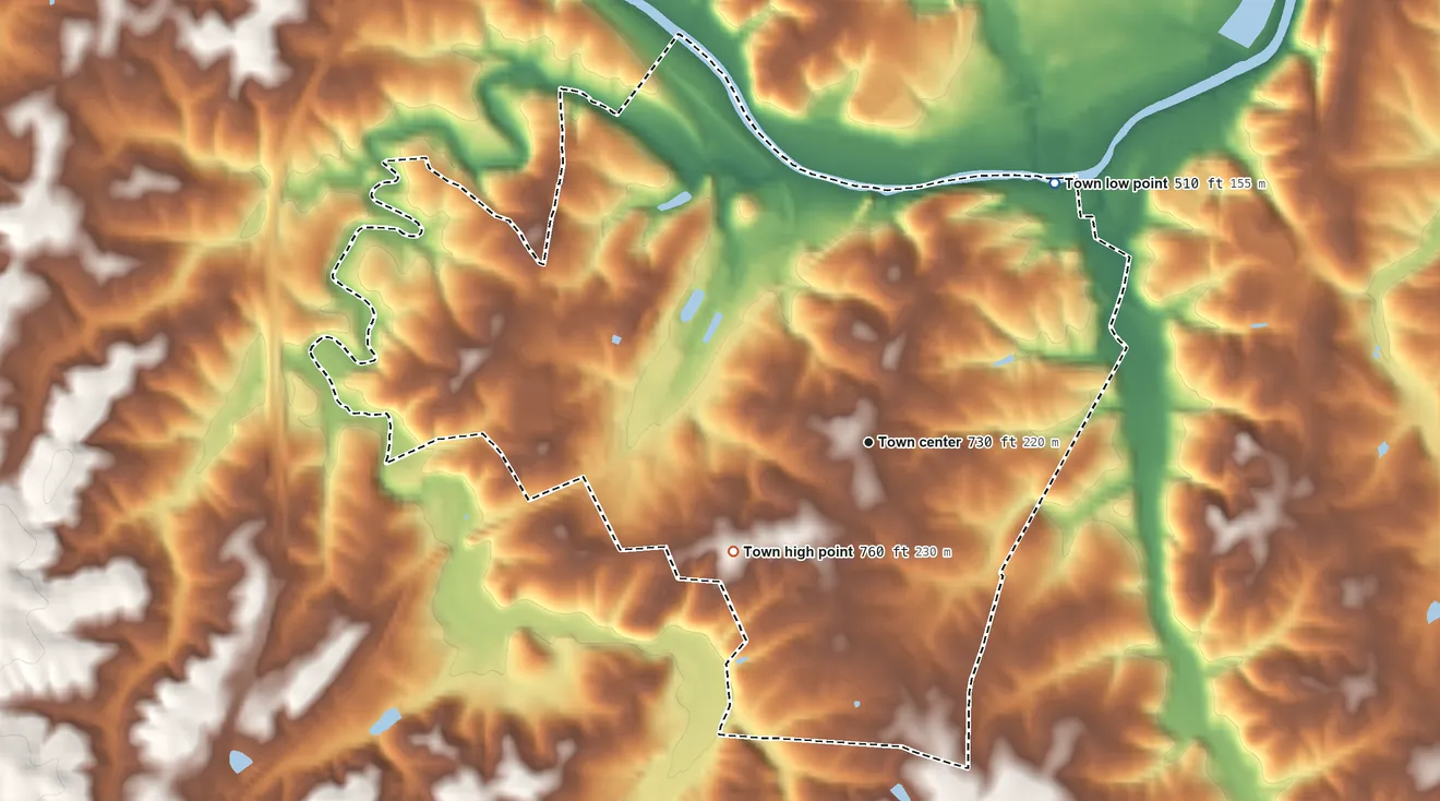 Topographic elevation map of Hurt, Virginia, shaded from 510 ft on the northeast side to 760 ft on the southwest side