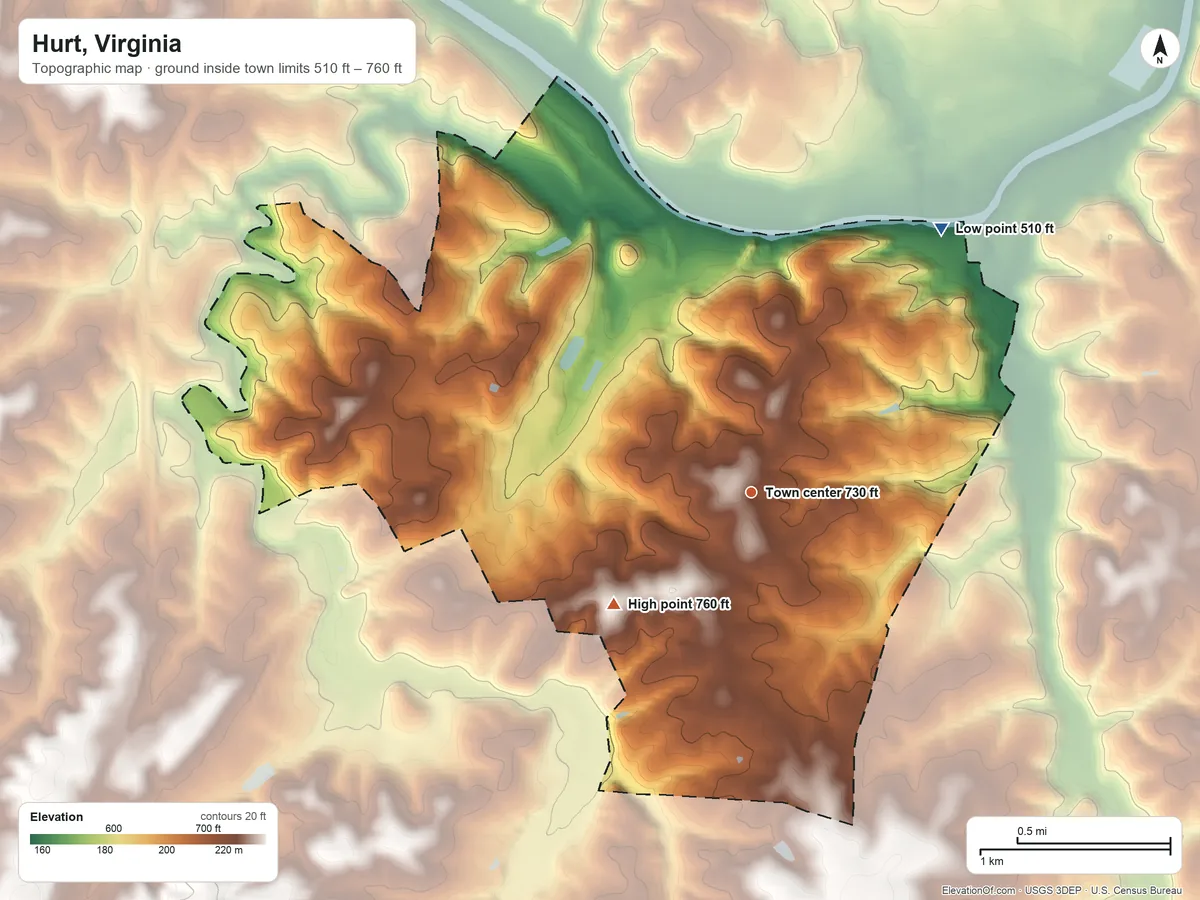 Topographic elevation map of Hurt, Virginia, shaded from 510 ft on the northeast side to 760 ft on the southwest side