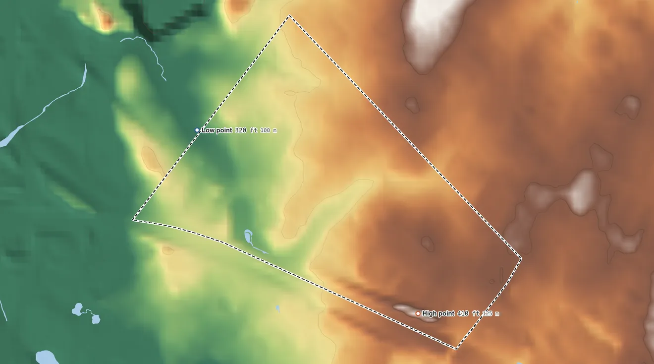 Topographic elevation map of Hutchison, Virginia, shaded from 320 ft on the northwest side to 410 ft on the southeast side
