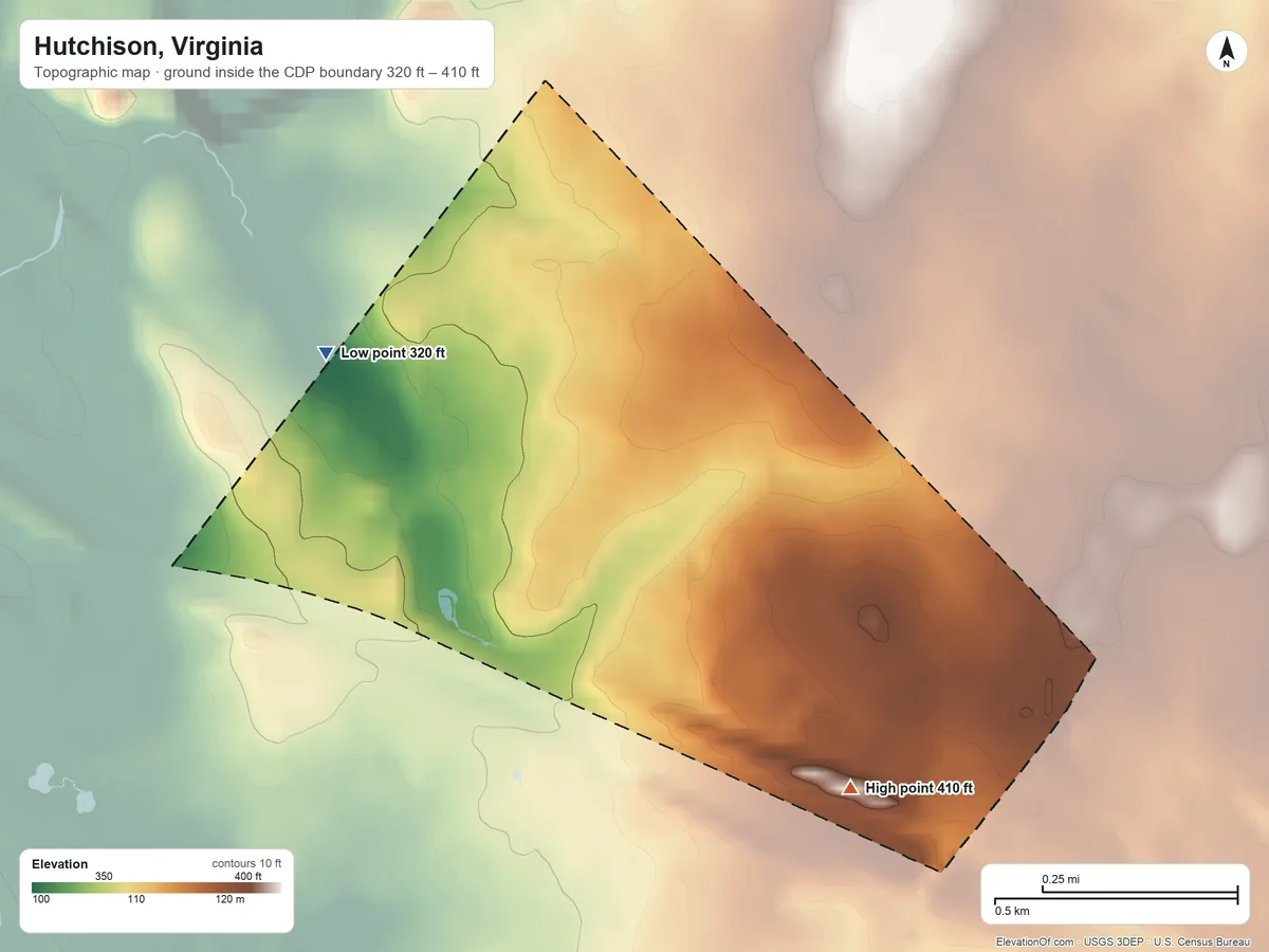 Topographic elevation map of Hutchison, Virginia, shaded from 320 ft on the northwest side to 410 ft on the southeast side