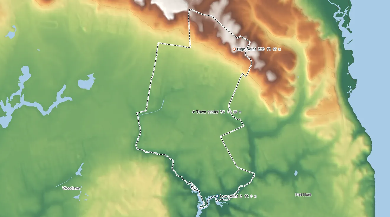 Topographic elevation map of Hybla Valley, Virginia, shaded from 2 ft on the south side to 220 ft on the northeast side