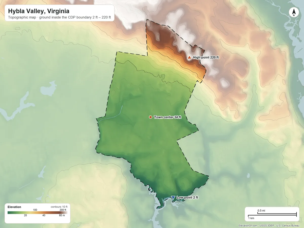 Topographic elevation map of Hybla Valley, Virginia, shaded from 2 ft on the south side to 220 ft on the northeast side