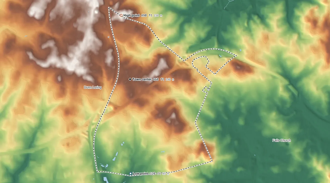 Topographic elevation map of Idylwood, Virginia, shaded from 320 ft on the south side to 490 ft on the north side