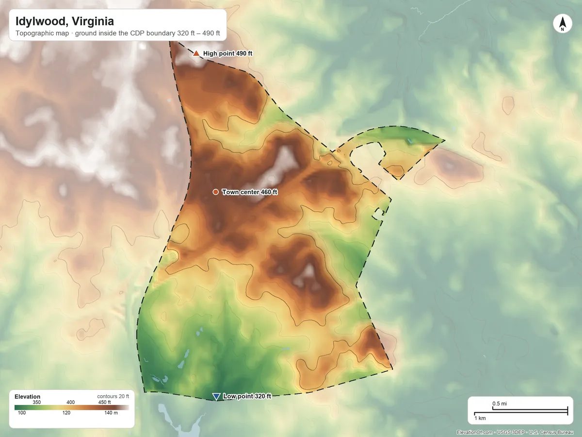 Topographic elevation map of Idylwood, Virginia, shaded from 320 ft on the south side to 490 ft on the north side