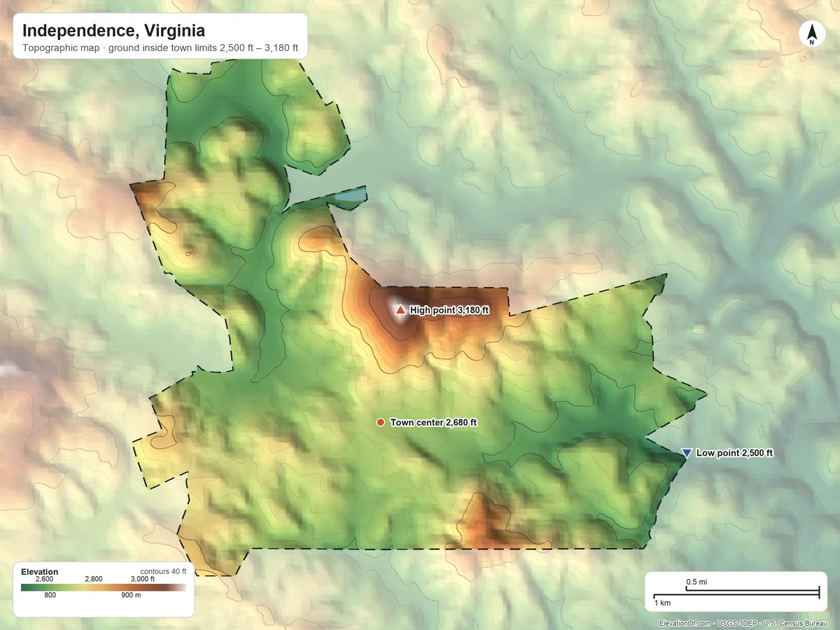 Topographic elevation map of Independence, Virginia, shaded from 2,500 ft on the east side to 3,180 ft on the north edge, below higher ground just outside