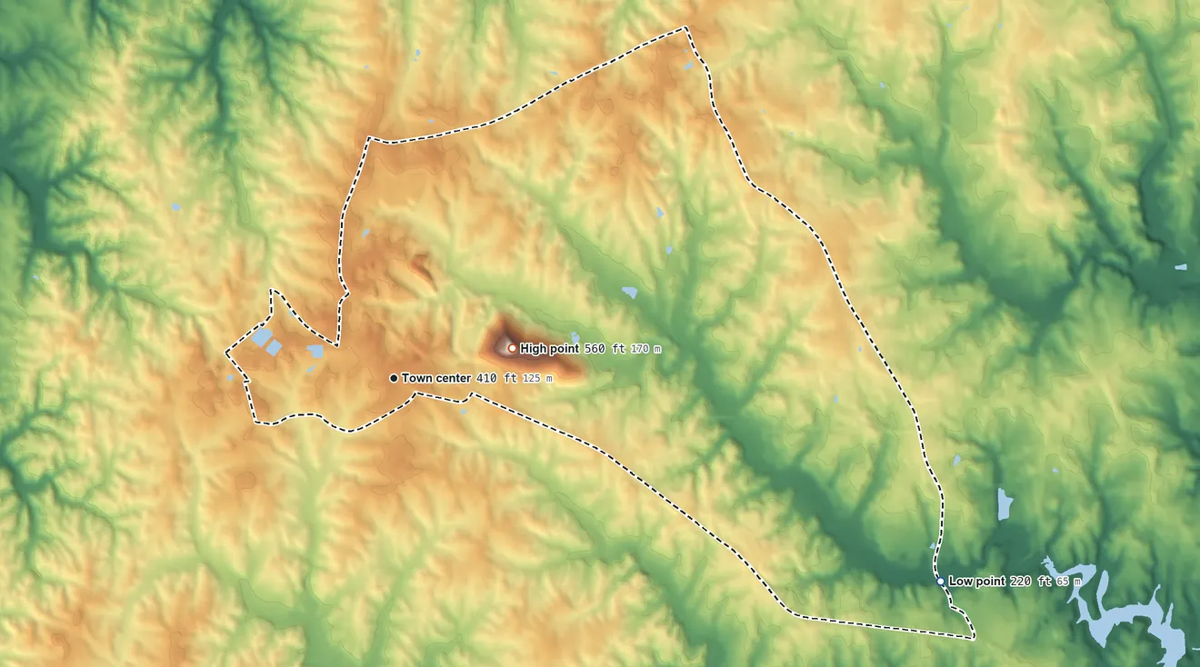 Topographic elevation map of Independent Hill, Virginia, shaded from 220 ft on the east side to 560 ft on the east side