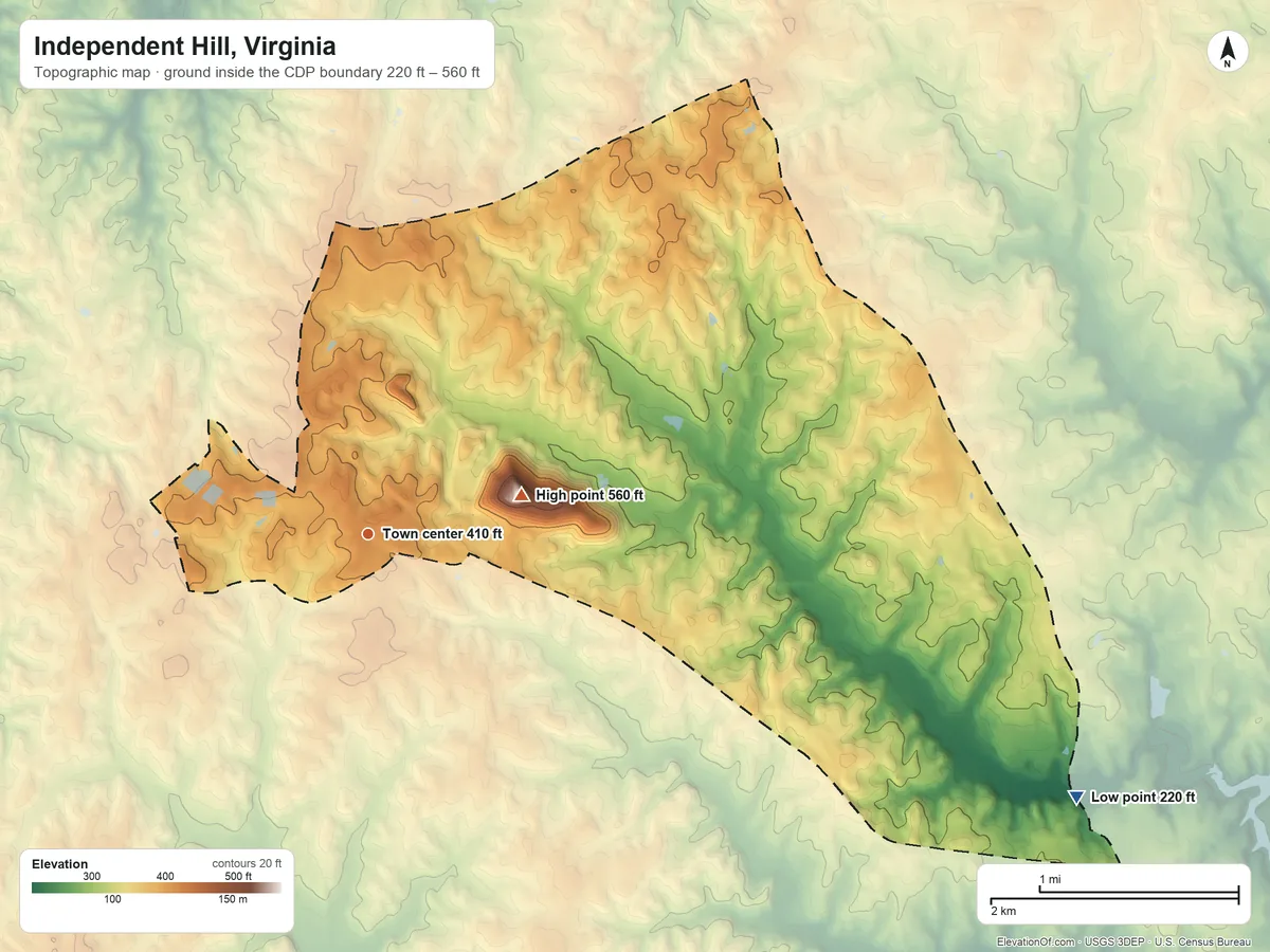 Topographic elevation map of Independent Hill, Virginia, shaded from 220 ft on the east side to 560 ft on the east side