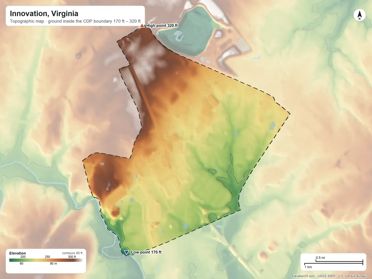 Topographic elevation map of Innovation, Virginia, shaded from 170 ft on the south side to 320 ft on the north side