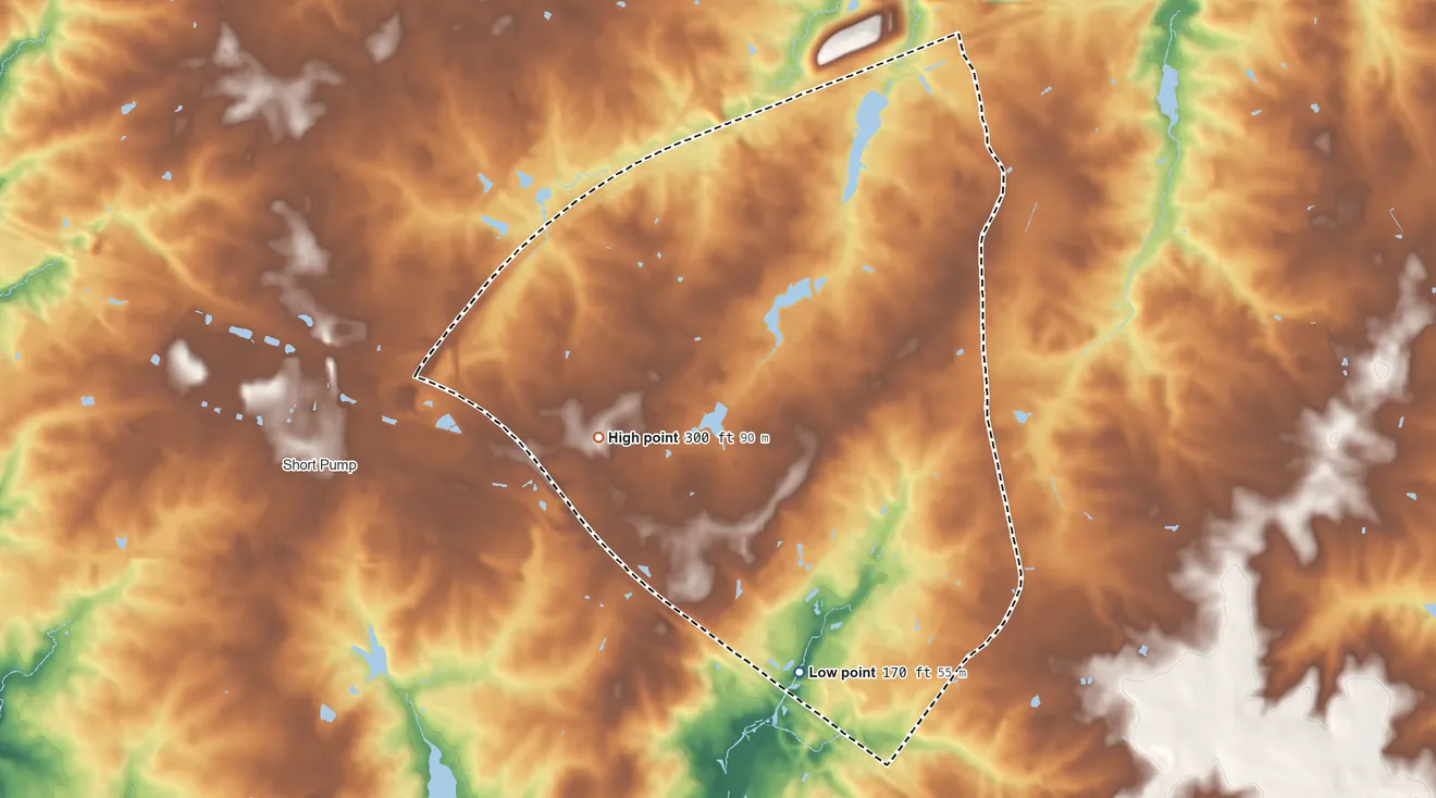 Topographic elevation map of Innsbrook, Virginia, shaded from 170 ft on the south side to 300 ft on the west side