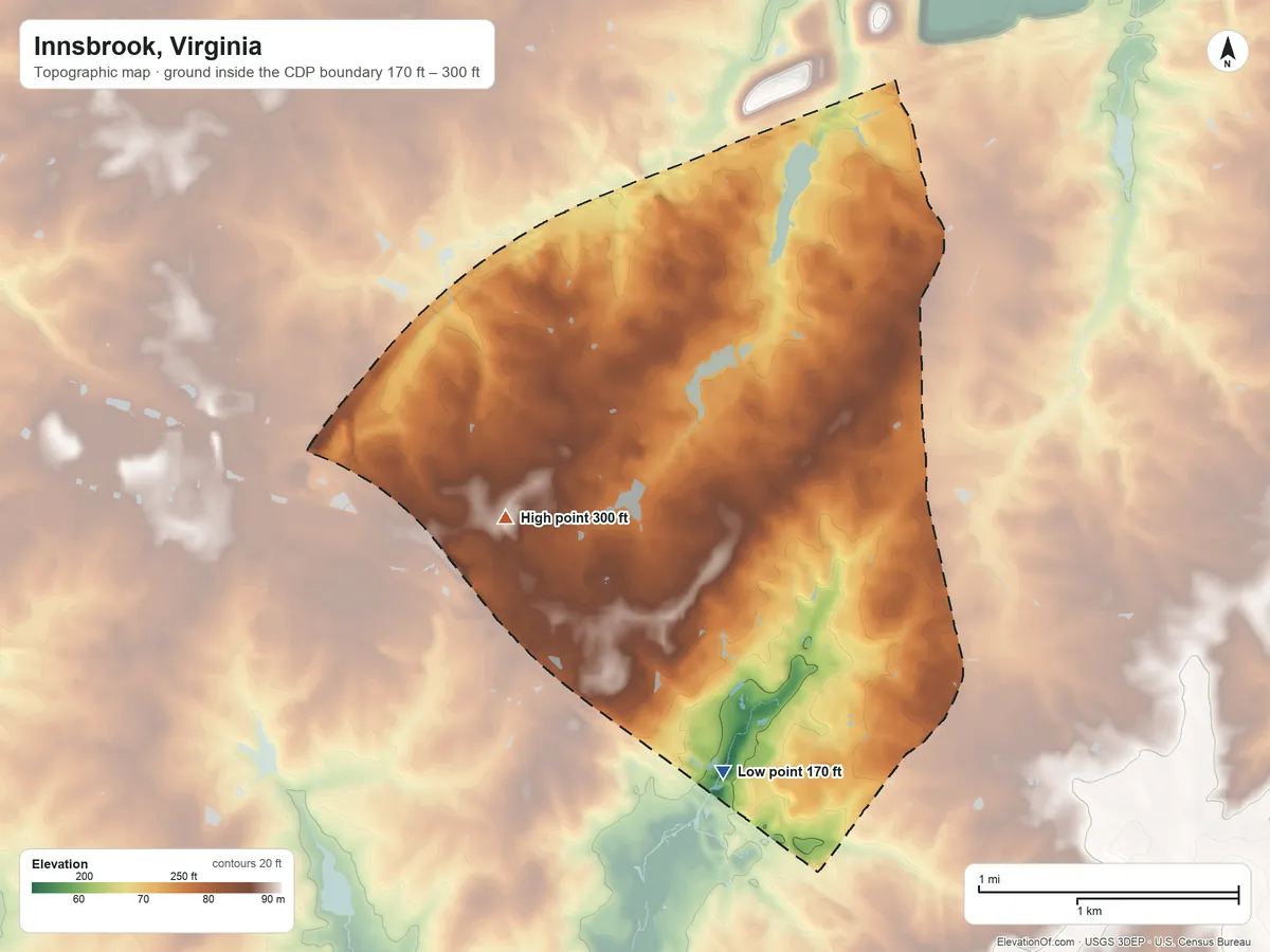 Topographic elevation map of Innsbrook, Virginia, shaded from 170 ft on the south side to 300 ft on the west side
