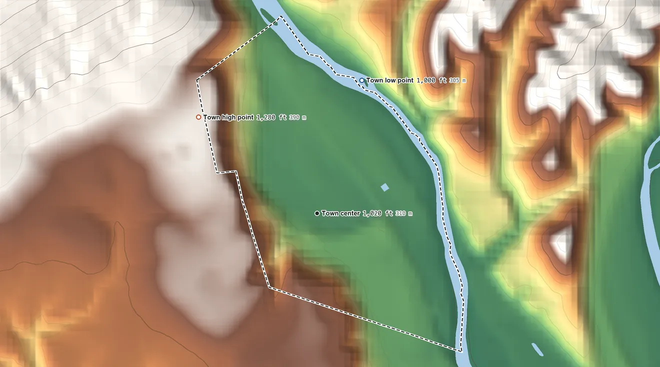 Topographic elevation map of Iron Gate, Virginia, shaded from 1,000 ft on the north side to 1,280 ft at the foot of the Little Mountain