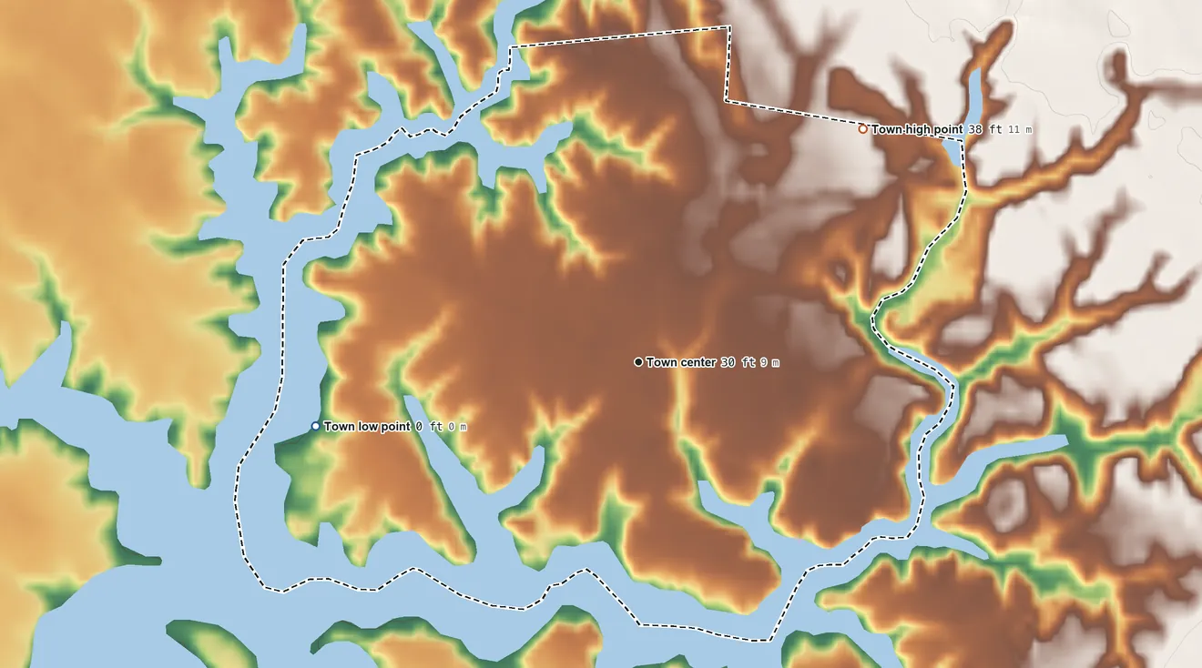 Topographic elevation map of Irvington, Virginia, shaded from 0 ft on the west side to 38 ft on the northeast side