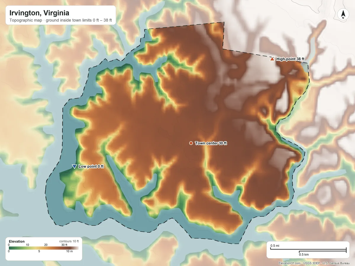 Topographic elevation map of Irvington, Virginia, shaded from 0 ft on the west side to 38 ft on the northeast side