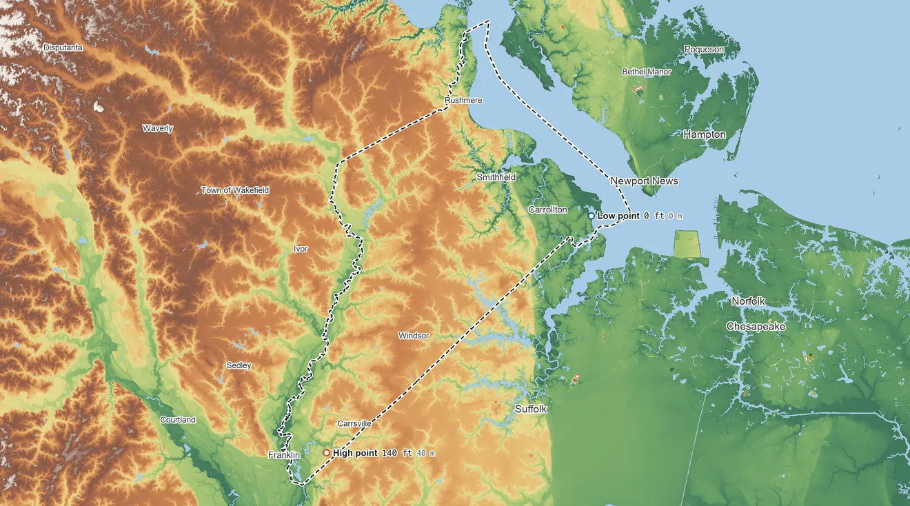 Topographic elevation map of Isle of Wight County, Virginia, shaded from sea level on Batten Bay to 140 ft on the southwest side