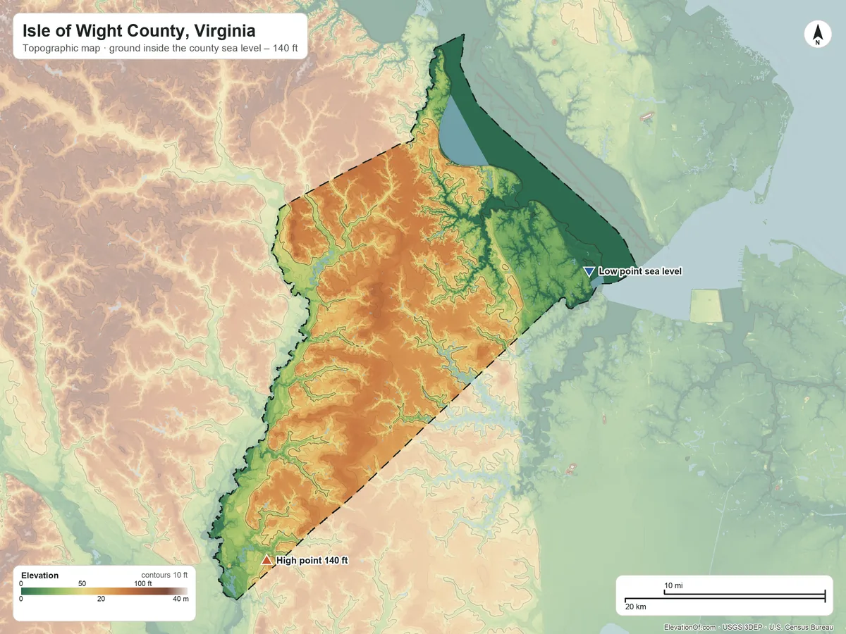 Topographic elevation map of Isle of Wight County, Virginia, shaded from sea level on Batten Bay to 140 ft on the southwest side