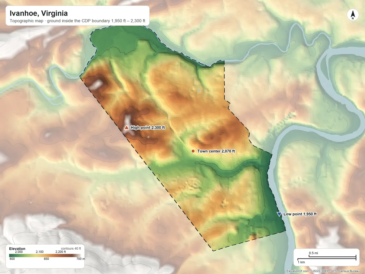 Topographic elevation map of Ivanhoe, Virginia, shaded from 1,950 ft on the southeast side to 2,300 ft on the west edge, below higher ground just outside