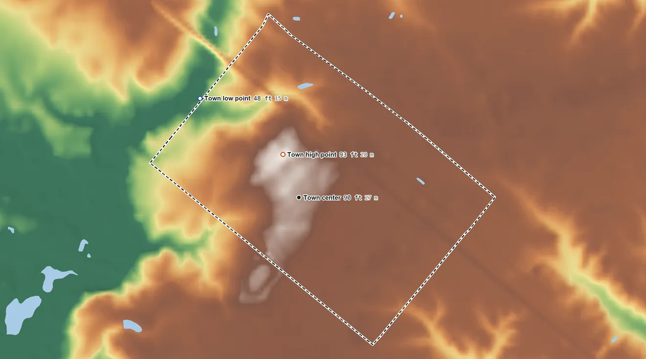 Topographic elevation map of Ivor, Virginia, shaded from 48 ft on the northwest side to 93 ft near the middle