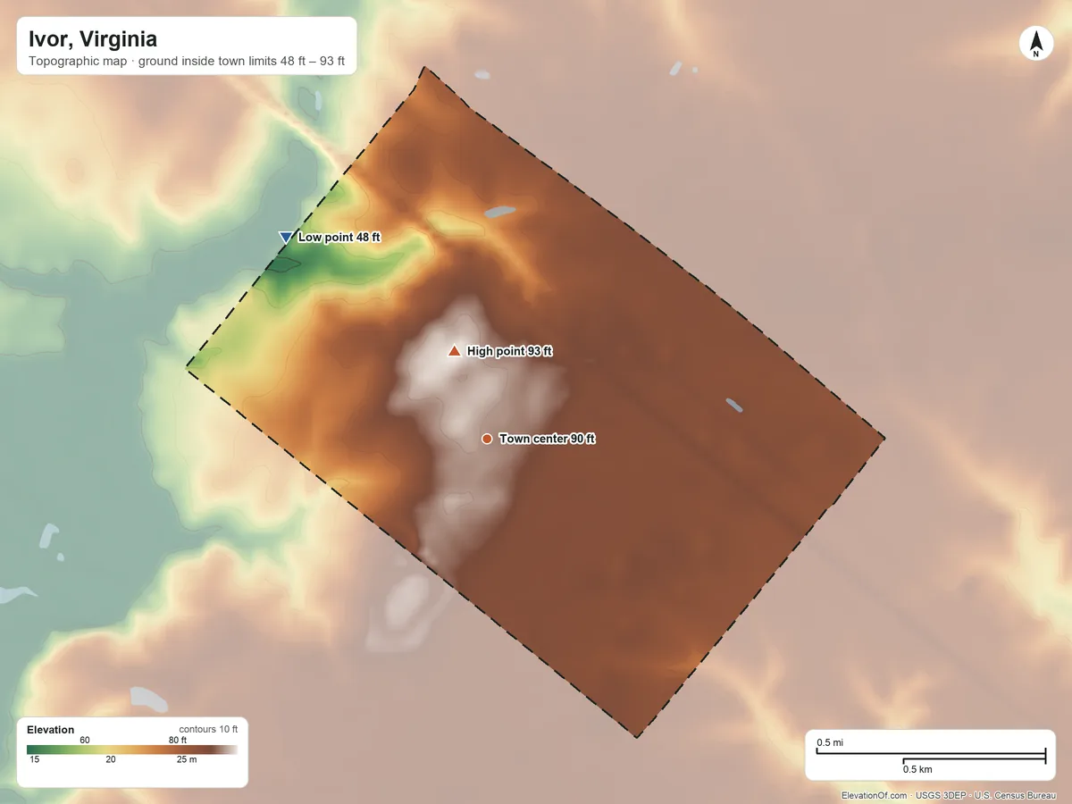 Topographic elevation map of Ivor, Virginia, shaded from 48 ft on the northwest side to 93 ft near the middle