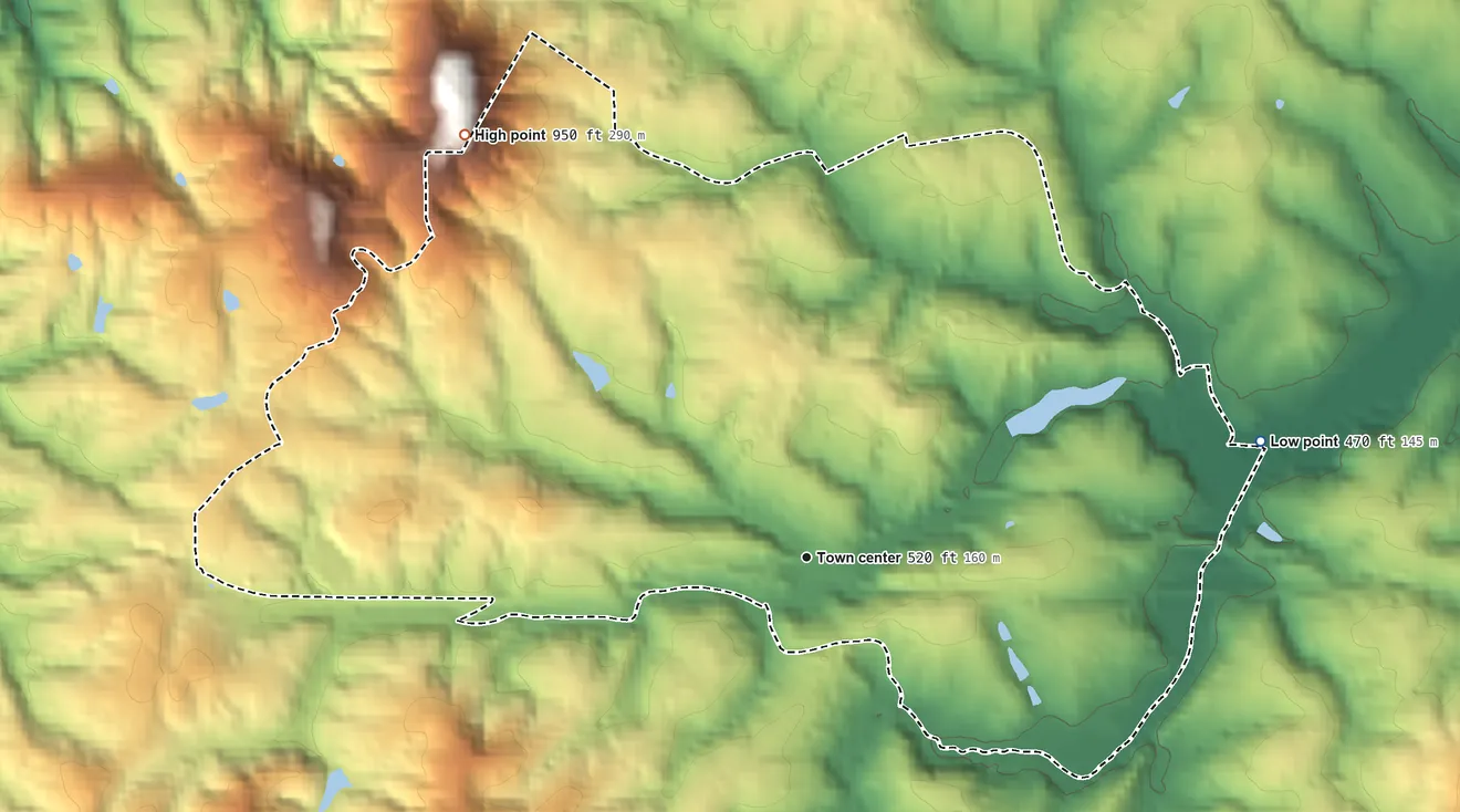 Topographic elevation map of Ivy, Virginia, shaded from 470 ft on the east side to 950 ft on the northwest edge, below higher ground just outside