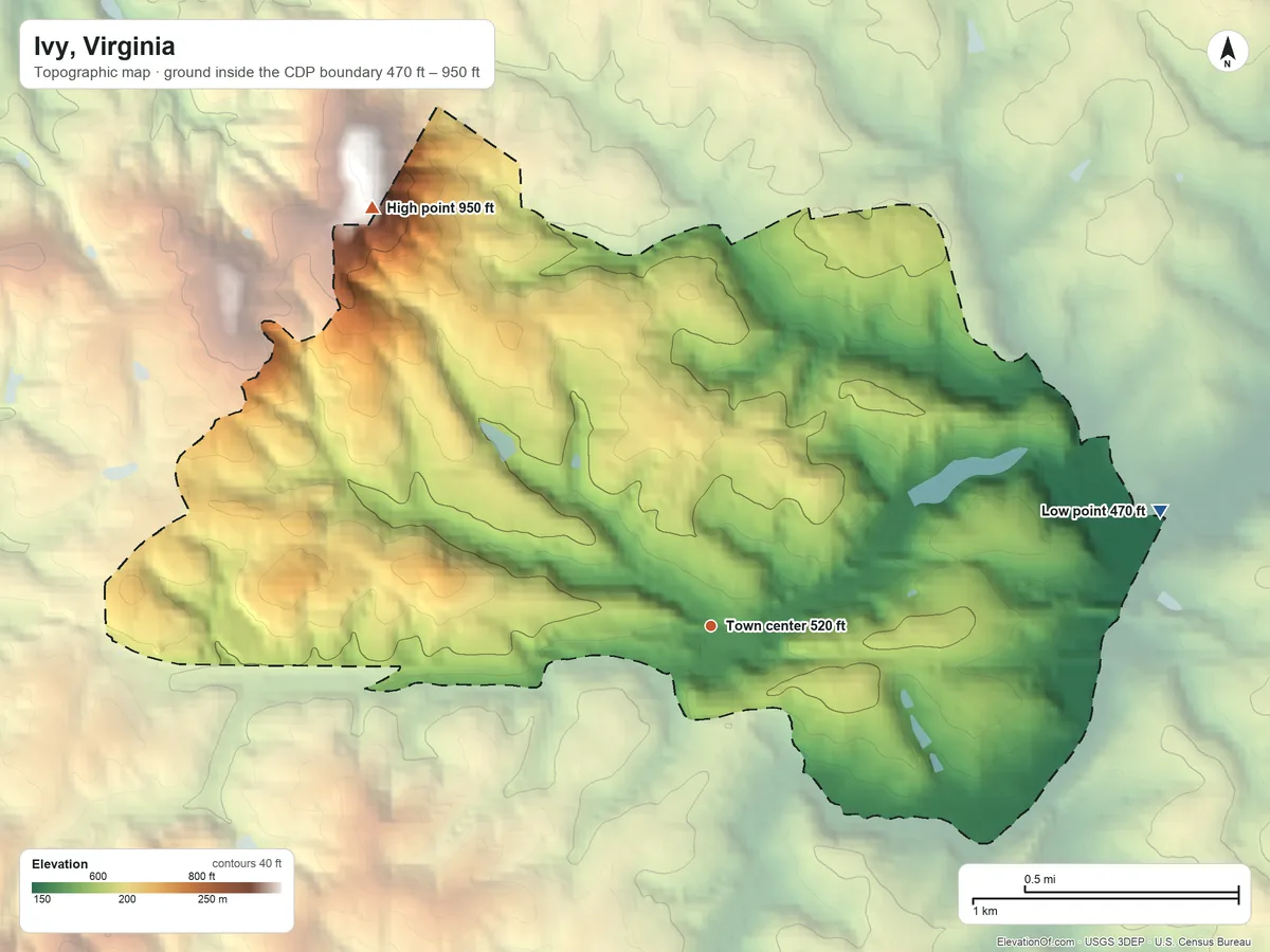 Topographic elevation map of Ivy, Virginia, shaded from 470 ft on the east side to 950 ft on the northwest edge, below higher ground just outside