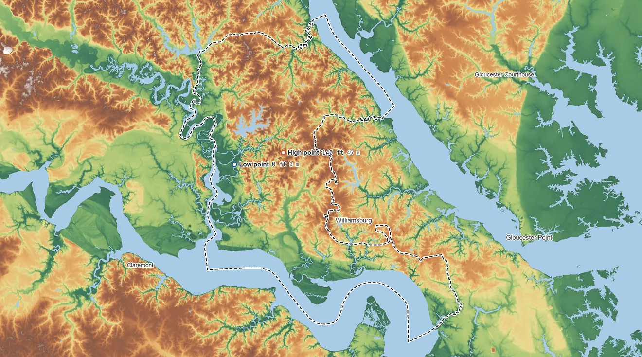 Topographic elevation map of James City County, Virginia, shaded from 0 ft on the west side to 140 ft on the northwest side