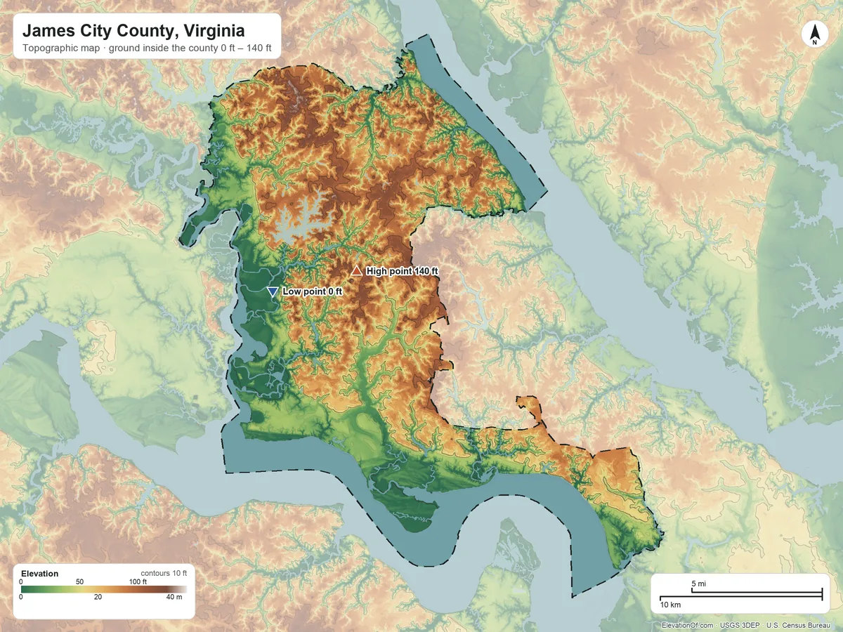Topographic elevation map of James City County, Virginia, shaded from 0 ft on the west side to 140 ft on the northwest side