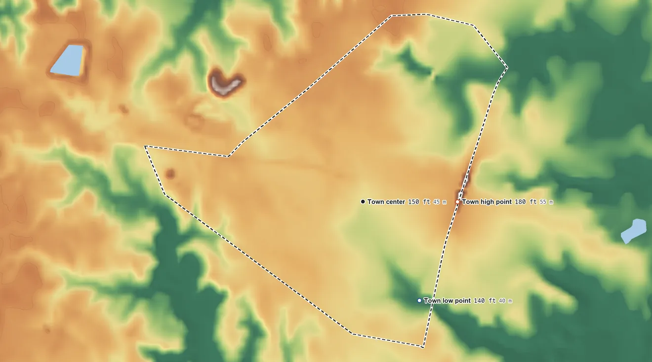 Topographic elevation map of Jarratt, Virginia, shaded from 140 ft on the southeast side to 180 ft on the east side