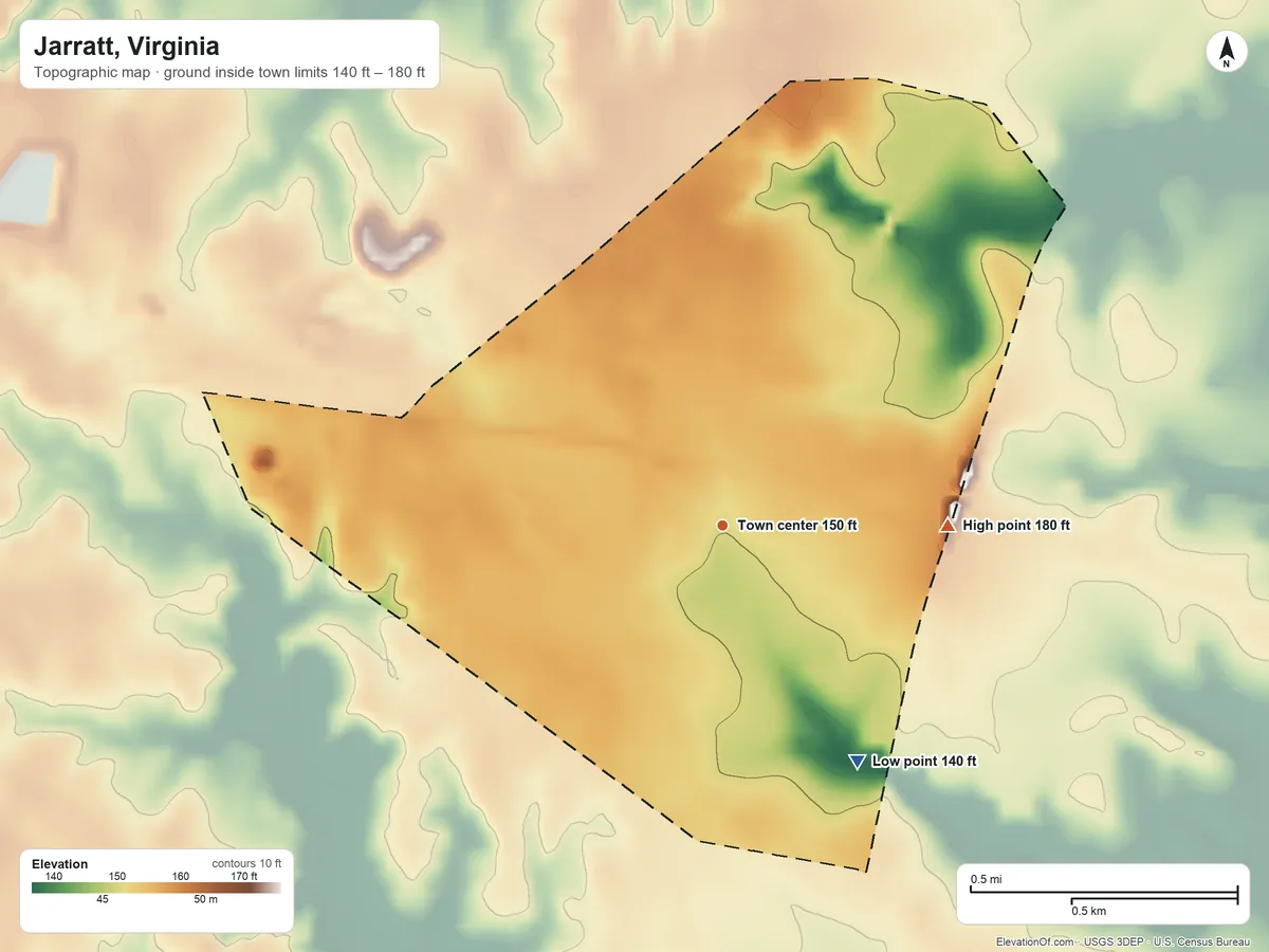 Topographic elevation map of Jarratt, Virginia, shaded from 140 ft on the southeast side to 180 ft on the east side