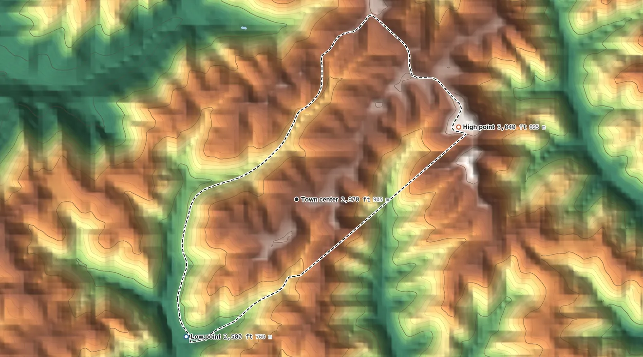 Topographic elevation map of Jewell Ridge, Virginia, shaded from 2,500 ft on the southwest side to 3,040 ft on the northeast side
