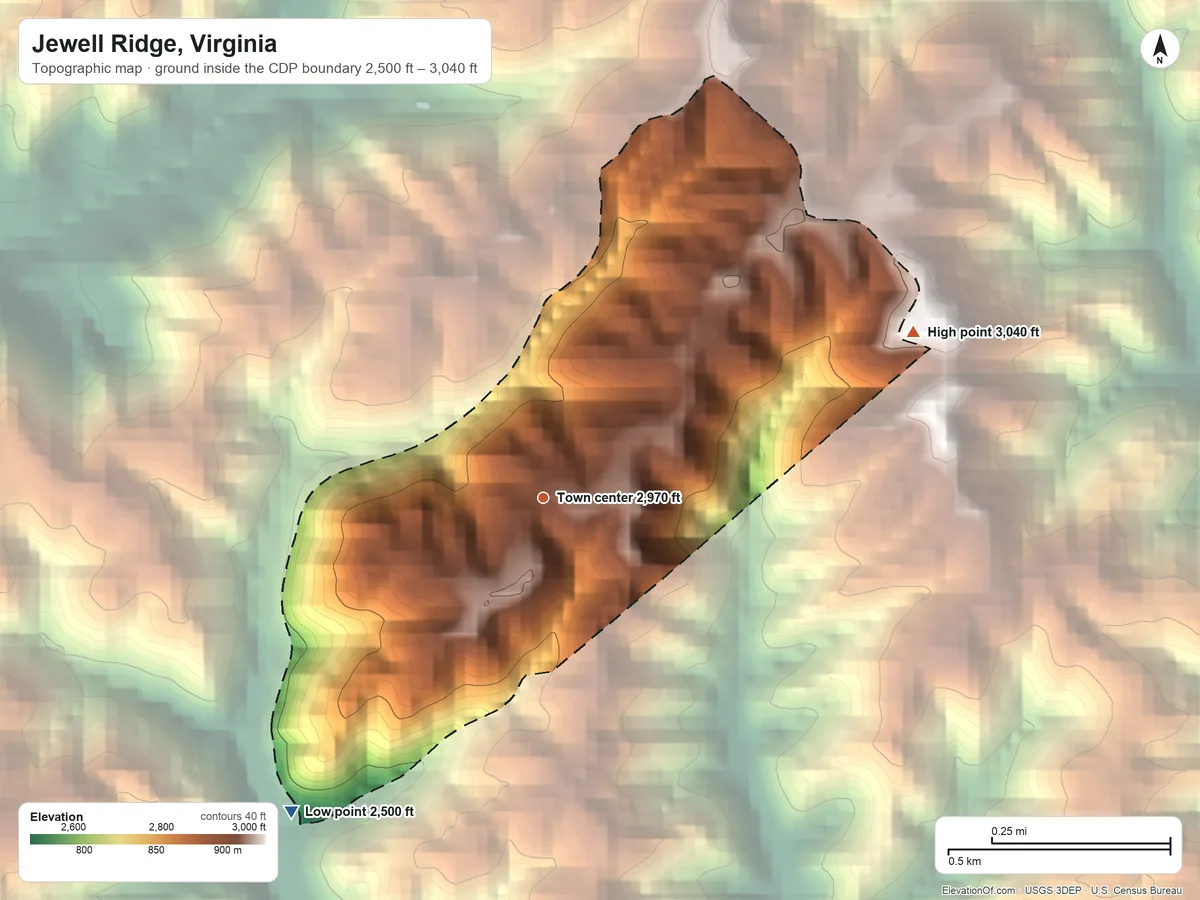 Topographic elevation map of Jewell Ridge, Virginia, shaded from 2,500 ft on the southwest side to 3,040 ft on the northeast side