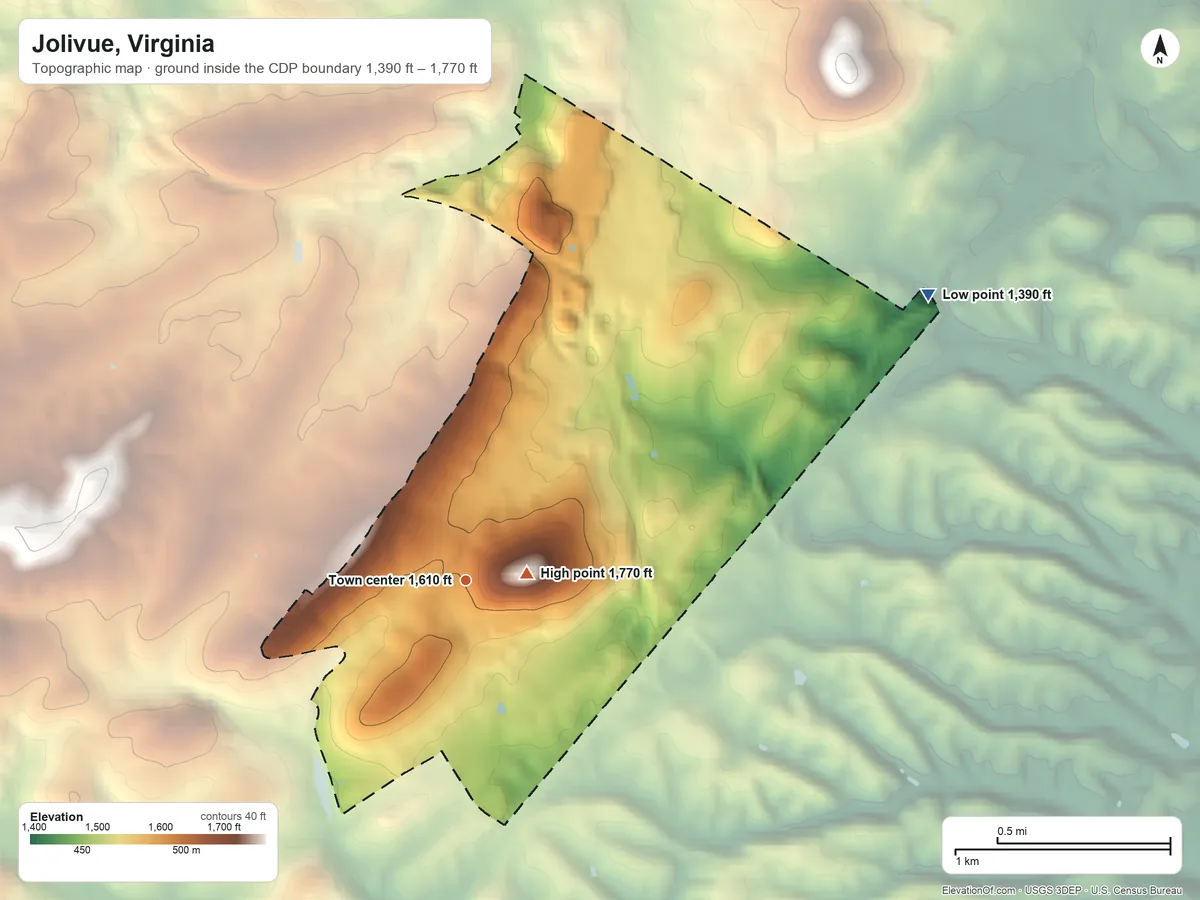 Topographic elevation map of Jolivue, Virginia, shaded from 1,390 ft on the northeast side to 1,770 ft near the middle