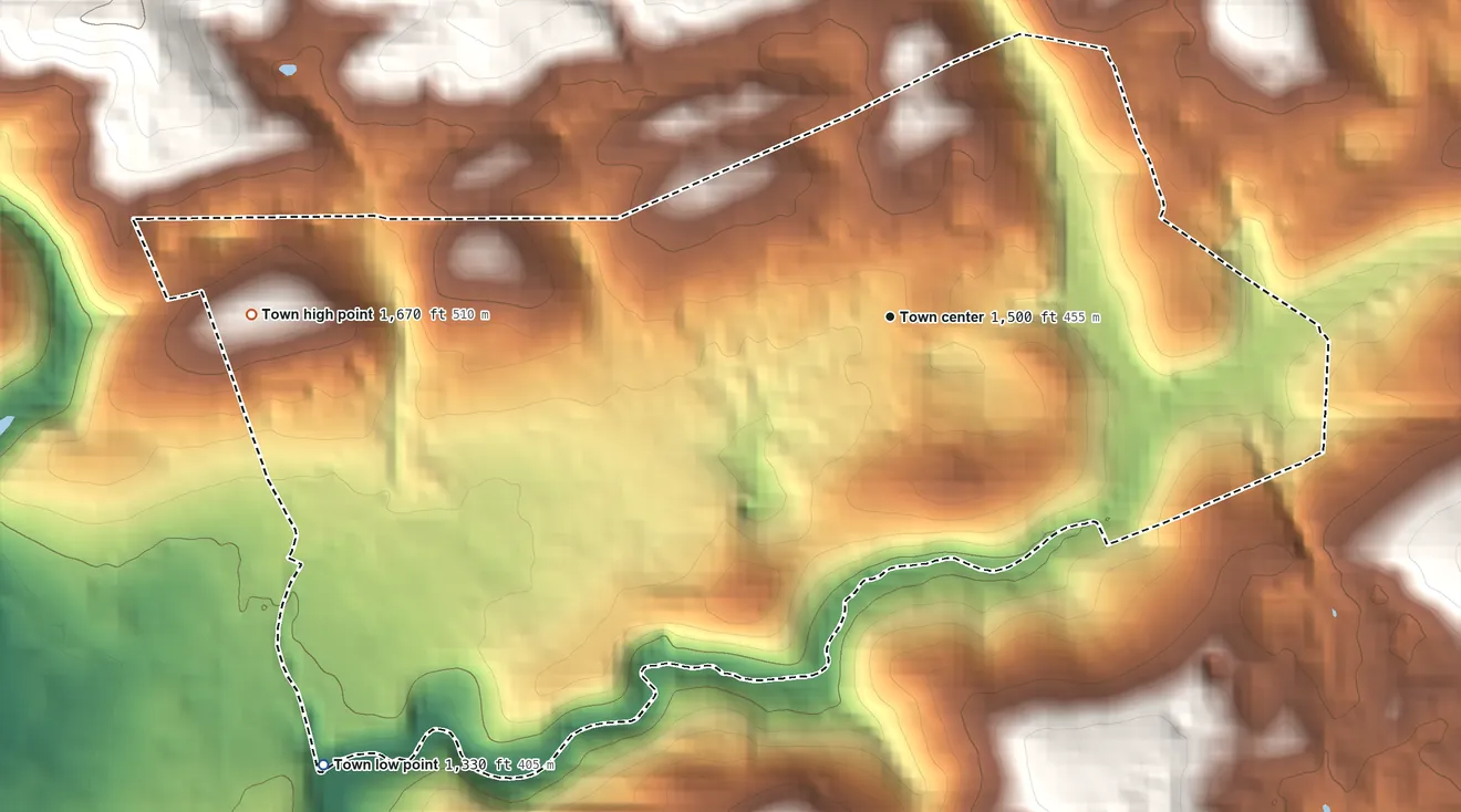 Topographic elevation map of Jonesville, Virginia, shaded from 1,330 ft on the southwest side to 1,670 ft on the west side