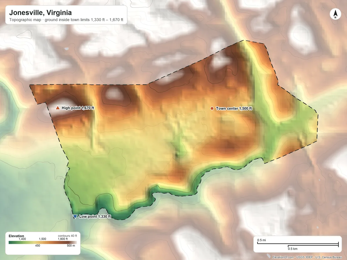 Topographic elevation map of Jonesville, Virginia, shaded from 1,330 ft on the southwest side to 1,670 ft on the west side