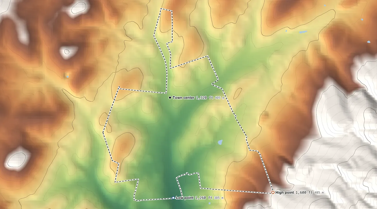 Topographic elevation map of Keezletown, Virginia, shaded from 1,260 ft on the south side to 1,600 ft on the southeast edge, below higher ground just outside