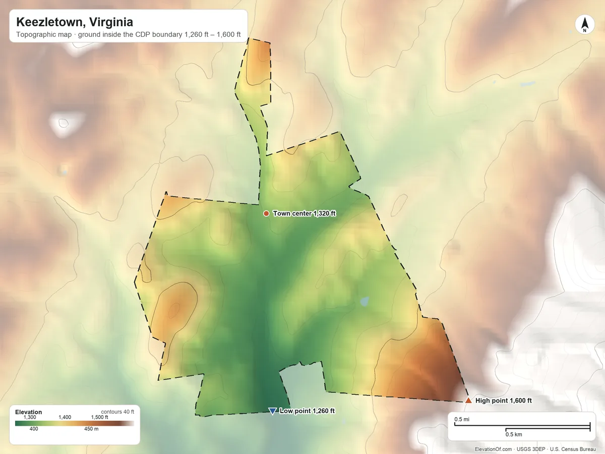 Topographic elevation map of Keezletown, Virginia, shaded from 1,260 ft on the south side to 1,600 ft on the southeast edge, below higher ground just outside