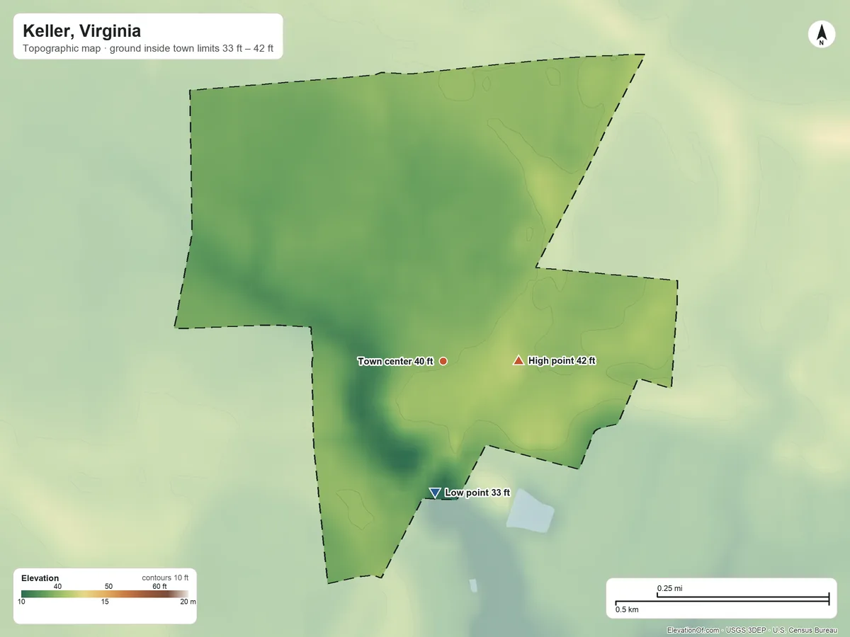 Topographic elevation map of Keller, Virginia, shaded from 33 ft on the south side to 42 ft on the east side