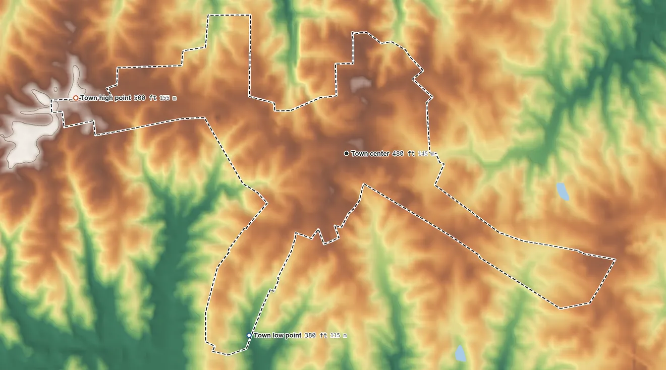 Topographic elevation map of Kenbridge, Virginia, shaded from 380 ft on the southwest side to 500 ft on the west side