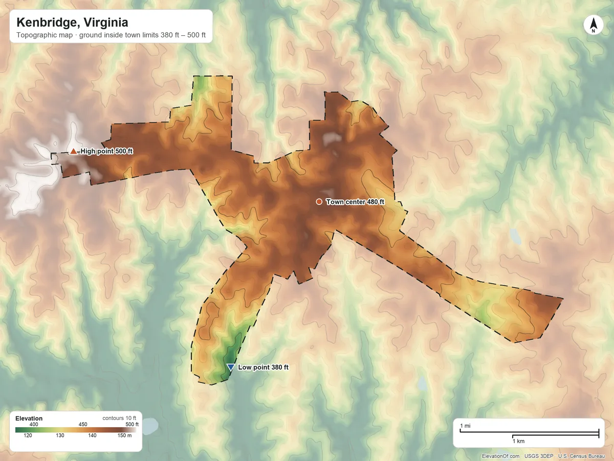 Topographic elevation map of Kenbridge, Virginia, shaded from 380 ft on the southwest side to 500 ft on the west side