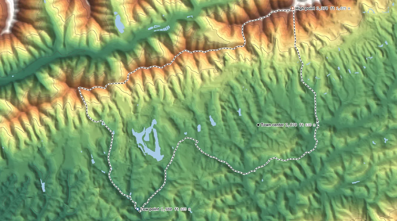 Topographic elevation map of Keokee, Virginia, shaded from 1,980 ft on the southwest side to 3,370 ft on the north edge, below higher ground just outside