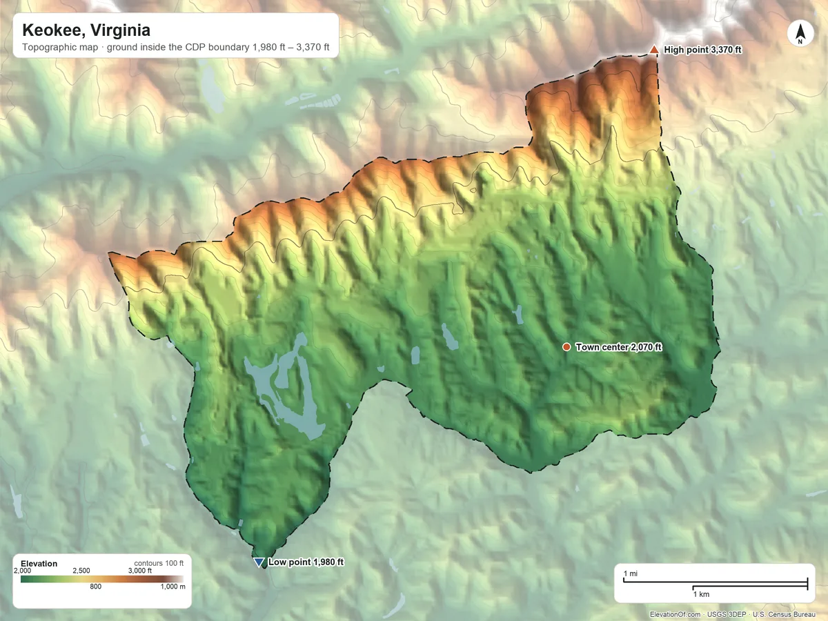 Topographic elevation map of Keokee, Virginia, shaded from 1,980 ft on the southwest side to 3,370 ft on the north edge, below higher ground just outside