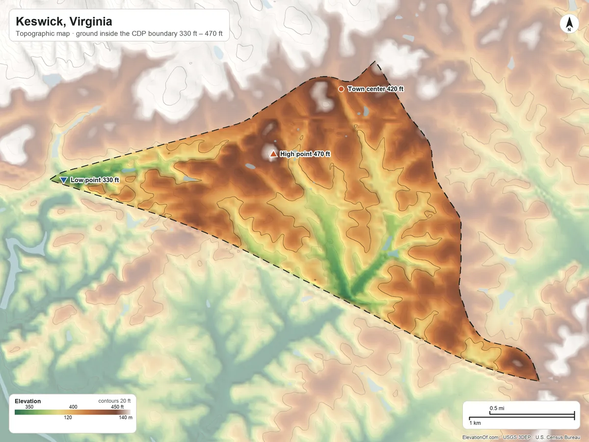 Topographic elevation map of Keswick, Virginia, shaded from 330 ft on the west side to 470 ft at the foot of the Southwest Mountains