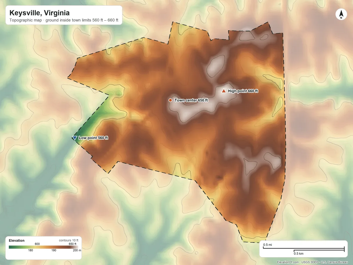 Topographic elevation map of Keysville, Virginia, shaded from 560 ft on the west side to 660 ft on the east side