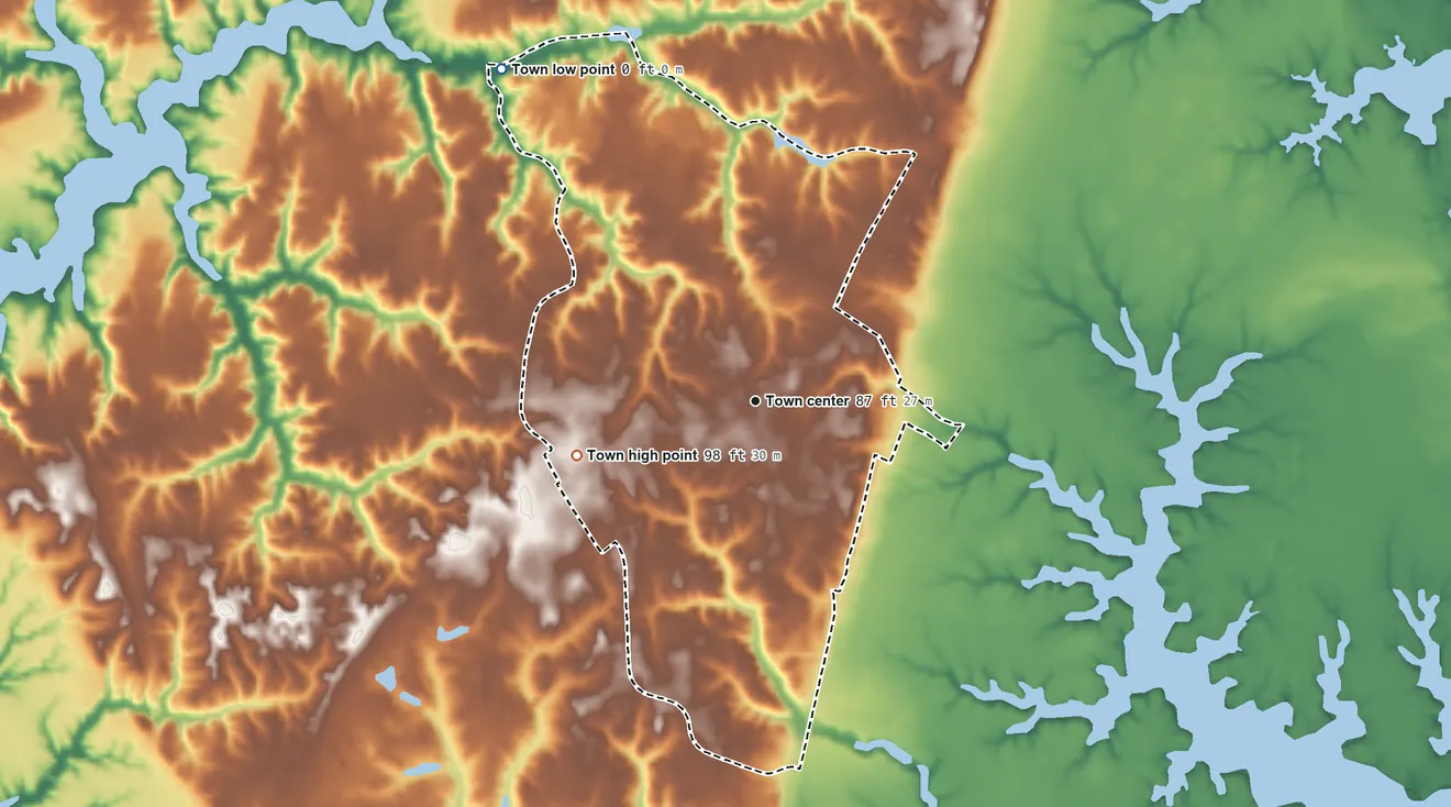 Topographic elevation map of Kilmarnock, Virginia, shaded from 0 ft on the northwest side to 98 ft on the west side