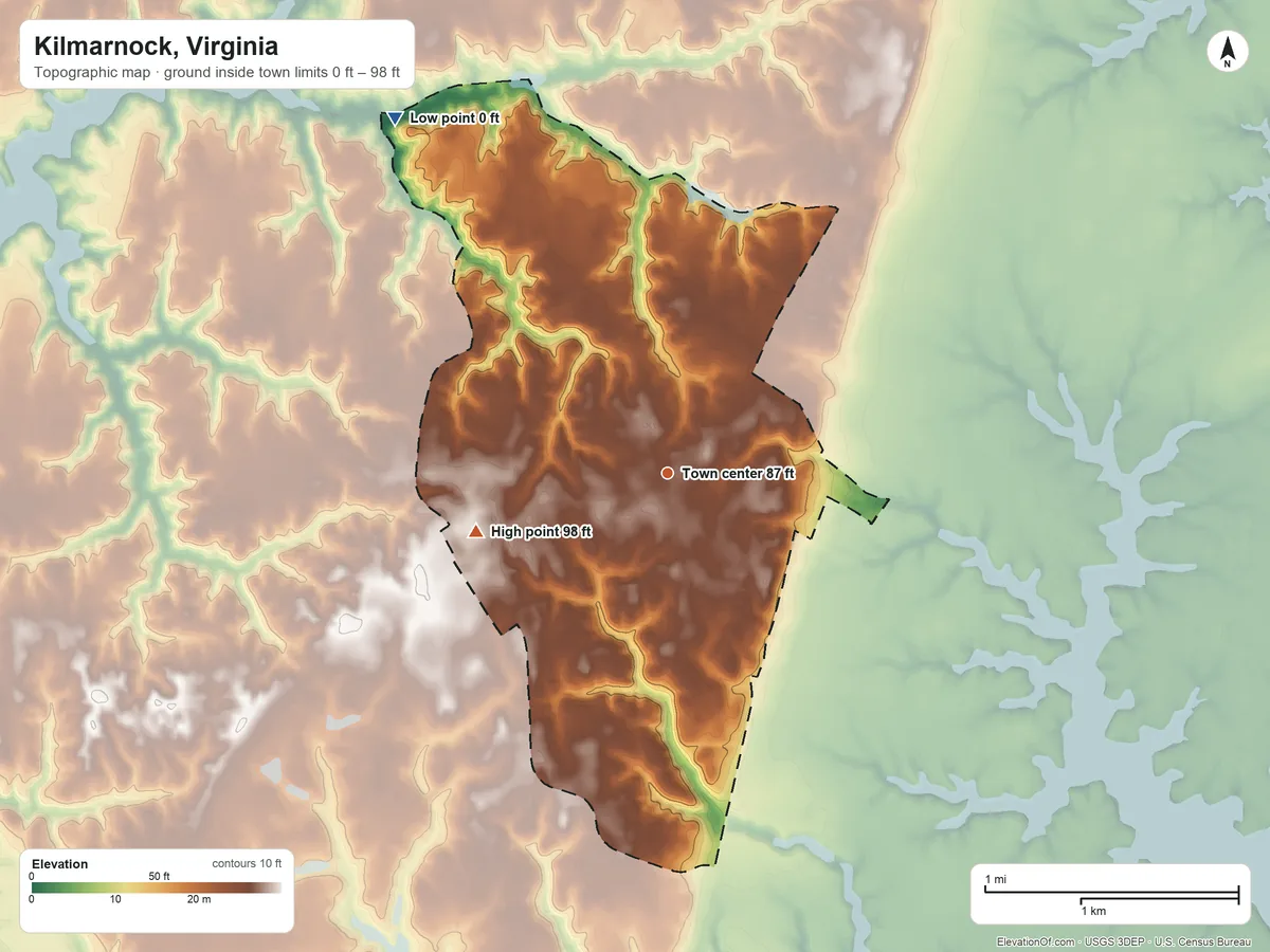 Topographic elevation map of Kilmarnock, Virginia, shaded from 0 ft on the northwest side to 98 ft on the west side