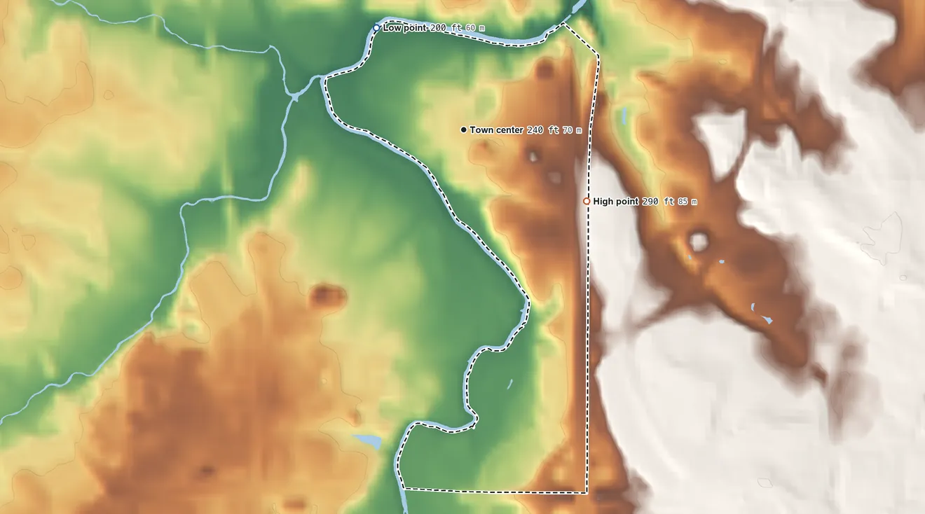 Topographic elevation map of Kincora, Virginia, shaded from 200 ft on the northwest side to 290 ft on the southeast side