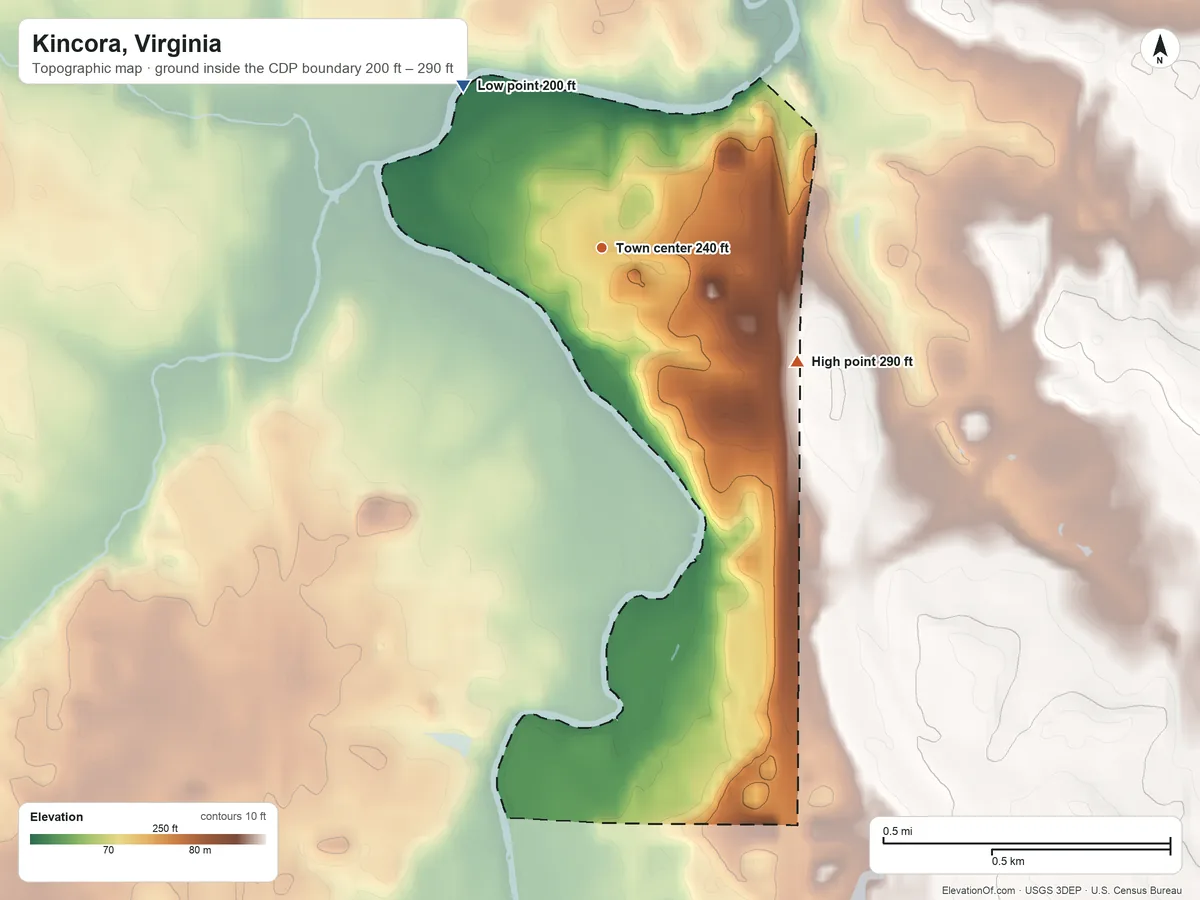 Topographic elevation map of Kincora, Virginia, shaded from 200 ft on the northwest side to 290 ft on the southeast side