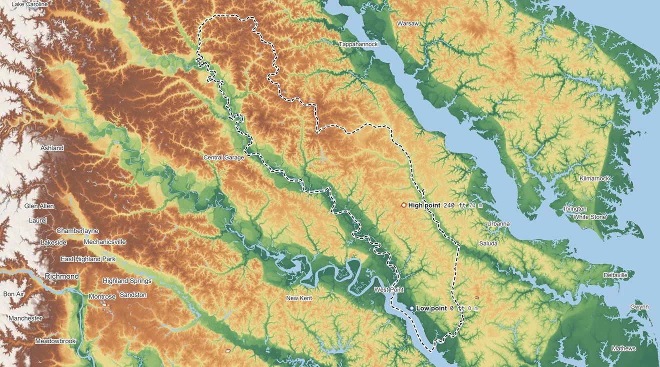 Topographic elevation map of King and Queen County, Virginia, shaded from 0 ft on the southeast side to 240 ft on the east side