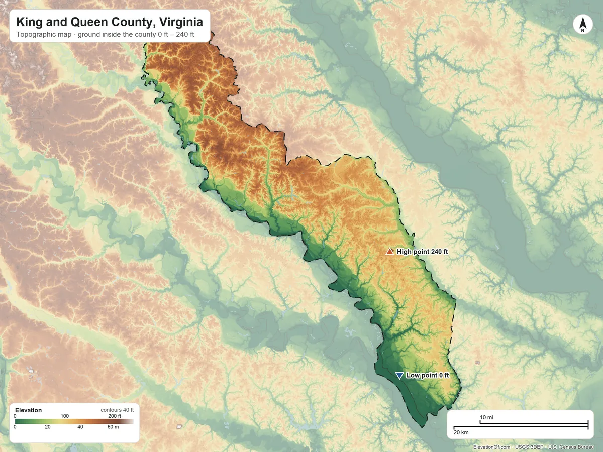 Topographic elevation map of King and Queen County, Virginia, shaded from 0 ft on the southeast side to 240 ft on the east side