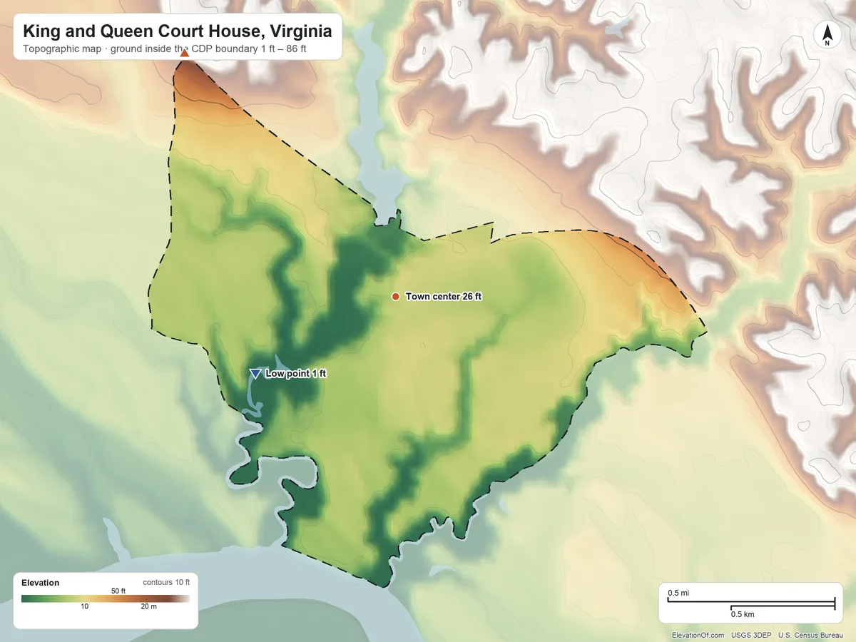 Topographic elevation map of King and Queen Court House, Virginia, shaded from 1 ft on the southwest side to 86 ft on the northwest side